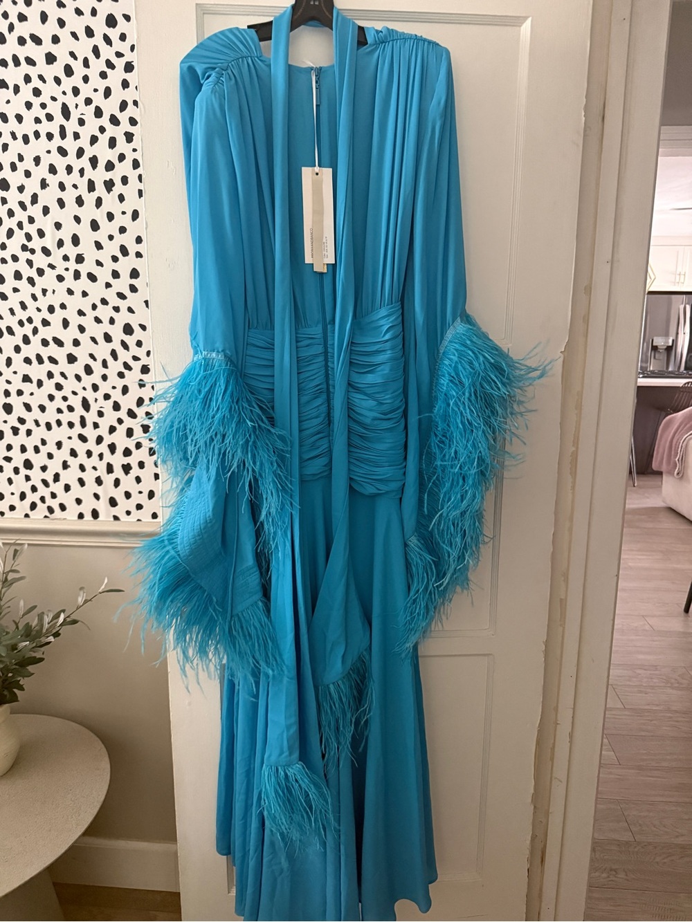 Bronx and Banco Turquoise Feather-Cuff Long Sleeve Gown - Picture 2 of 3